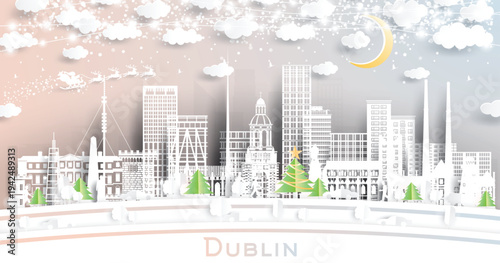Dublin Ireland. Winter city skyline in paper cut style with snowflakes, moon and neon garland. Christmas and new year. Santa Claus on sleigh. Dublin cityscape landmarks. Illustration.