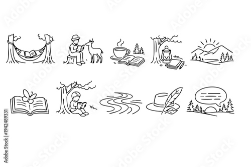 Serene outdoor scenes with people reading and relaxing