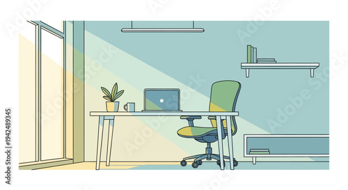 Modern home office workspace with laptop by window and sunlight