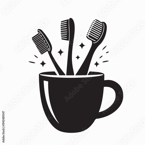 Toothbrush in Ceramic Glass Silhouette Vector Illustration On White Background