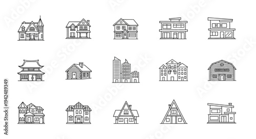 Modern line icons of different types of houses and buildings