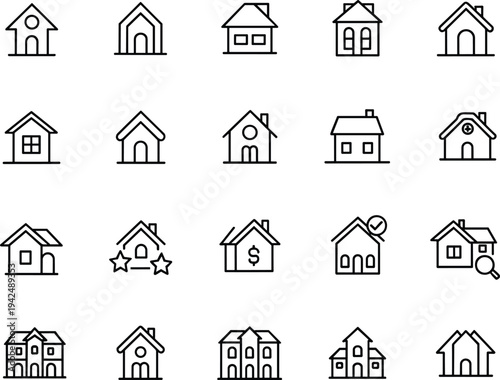 Set of 20 minimal thin line house icons for real estate, property search, home insurance and construction website.