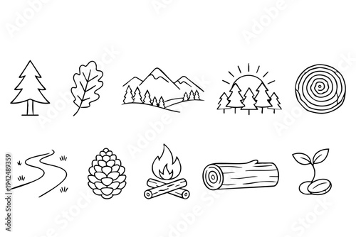 Nature inspired camping and outdoor adventure icons set