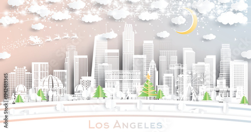 Los Angeles USA. Winter city skyline in paper cut style with snowflakes, moon and neon garland. Christmas and new year. Santa Claus on sleigh. Los Angeles cityscape landmarks. Illustration.