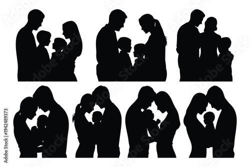 Black silhouettes of families with children family