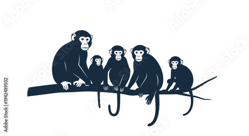 Monkey family group sitting on a tree branch illustration