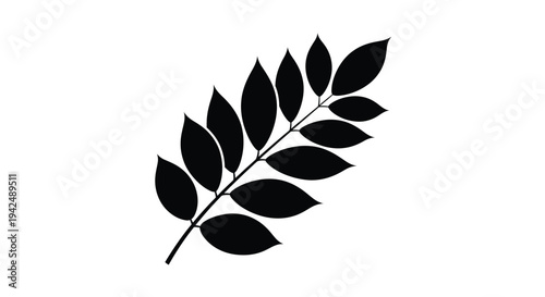 A simple black silhouette of a leafy branch against a white background