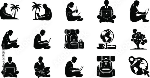 Remote Work Digital Nomad Silhouette Icon Set Vector Freelancer Travel Laptop Globe Symbol