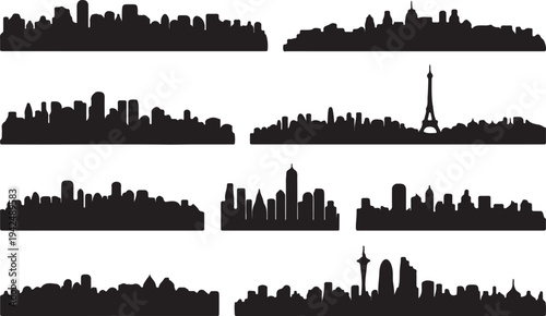 Diverse Urban Cityscape Silhouettes Collection Featuring Famous Global Landmarks and Modern Skylines