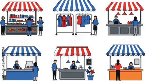 Cute Cartoon Market Stalls Set Street Vendors Shopping Scene Flat Illustration for Farmers Market Urban Life Designs, Vendor Clipart, Local Business Graphics, and Vector Collections