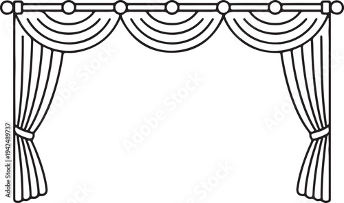 Elegant valance and tied back drapery line drawing for interior design elements