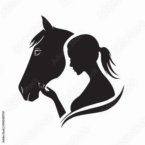 Minimalist Silhouette of Lady and Horse Professional Logo On White Background