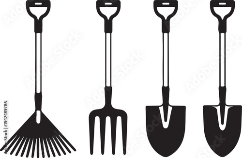 Essential Garden Tools Collection Silhouettes Including Rake Fork and Shovels for Outdoor Work