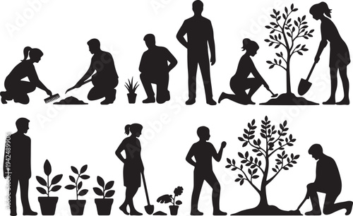 Gardeners planting trees and tending plants in various outdoor activities