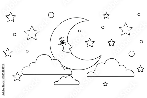 Cute Moon and Stars Coloring Page – Night Sky Cartoon Line Art Printable for Kids and Adults