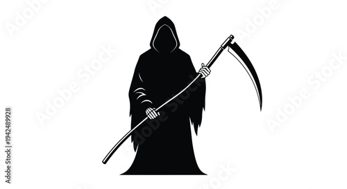A stark silhouette of grim reaper wielding a large curved scythe