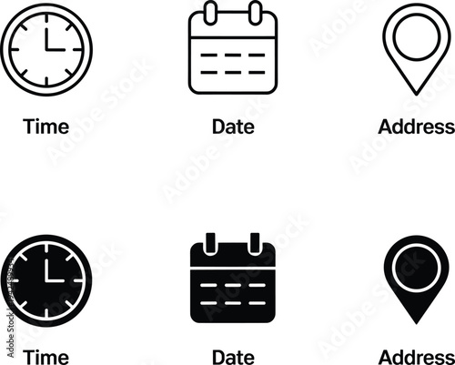 Set of black line and solid glyph icons for time date and address location for website interface