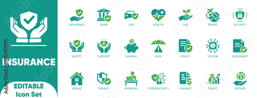 Insurance Icon Set. assurance, claim, coverage, insurance, signs, policy, secure, finance, and solid icons.