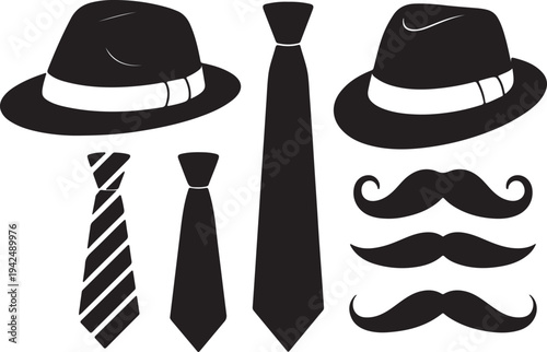 Gentlemans accessory collection featuring fedora hats, neckties, and various mustaches