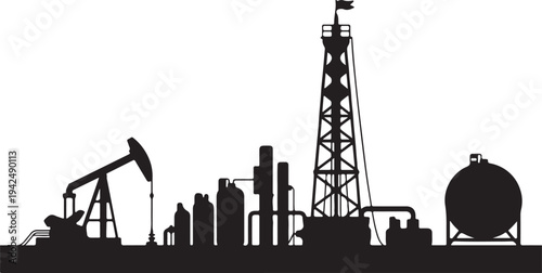 Industrial Oil Refinery Silhouette Featuring Pump Jack and Production Elements