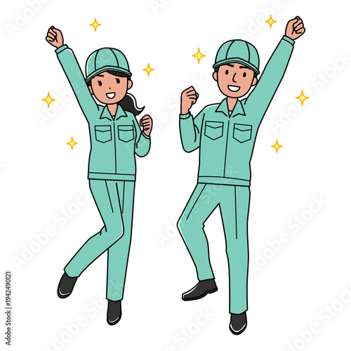 元気な外国人作業員の男女（カラー）