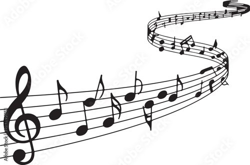 Melodic Curve of Music Staff with Elegant Notes and Treble Clef Symbol