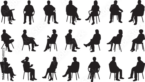 Silhouettes of diverse individuals seated on chairs in various natural poses and orientations