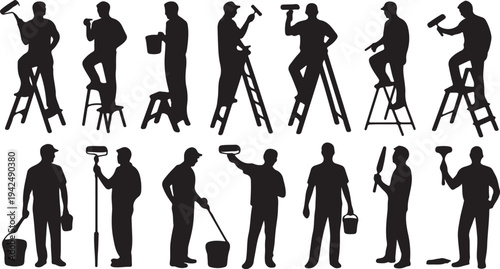 Silhouettes of Professional Painters and Decorators Working with Various Tools and Equipment