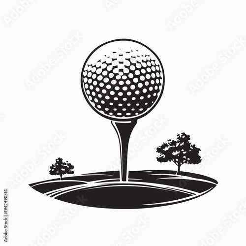 Golf Ball On Tee At Green Grass Court Vector Logo On White Background