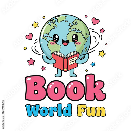 A cheerful cartoon globe character enjoying a book in a fun and colorful setting