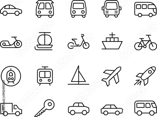 Set of black line transportation icons including car bus bicycle scooter airplane rocket ship and delivery truck