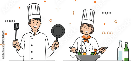 Cute Cartoon Chefs Cooking Together Male Female Professional Kitchen Scene Flat Illustration for Recipe Blog Designs, Culinary Clipart, Restaurant Graphics, and Vector Collections
