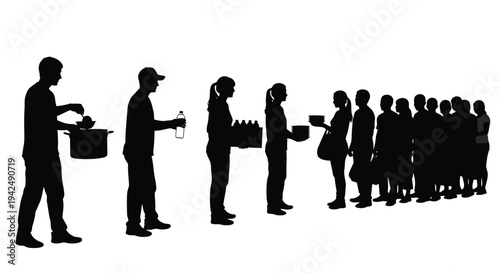 People distributing food to crowd silhouette vector