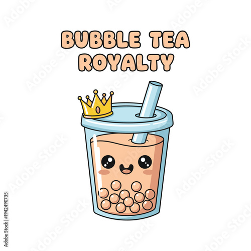 Kawaii bubble tea illustration with a golden crown and the text bubble tea royalty.