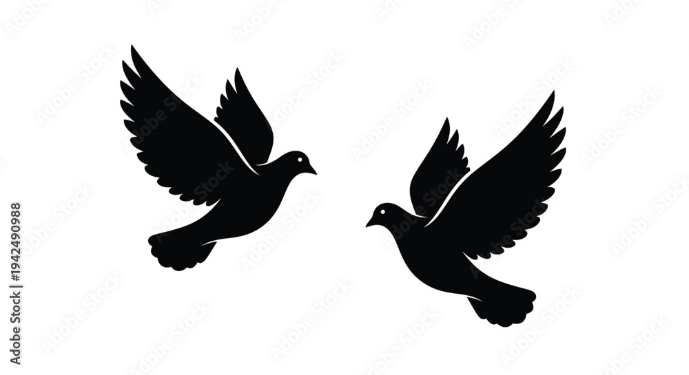 Fototapeta premium Two doves in flight depicted as a striking black silhouette