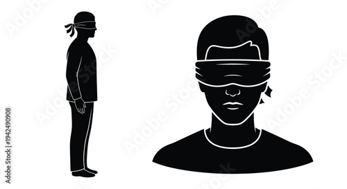 Blindfolded man depicted in two views a striking silhouette