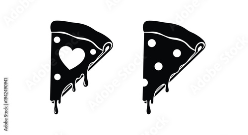 Two pizza slices one with a heart in stark black silhouette