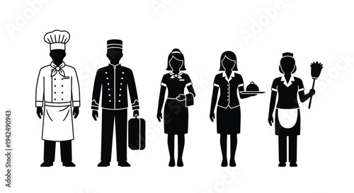 Hotel service staff lineup silhouette vector