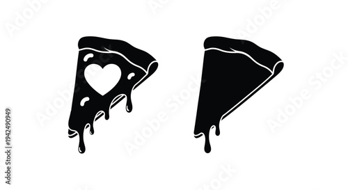 Two pizza slices one with a heart cutout in black silhouette