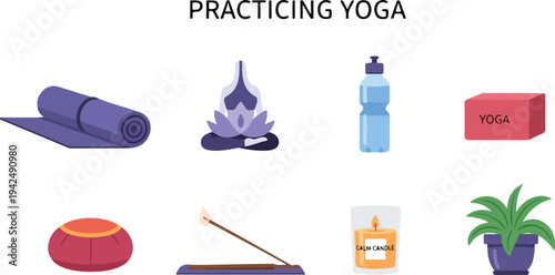 A white background with the words PRACTICING YOGA It displays yoga equipment and symbols