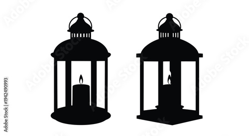 Two antique lanterns depicted in a striking black silhouette
