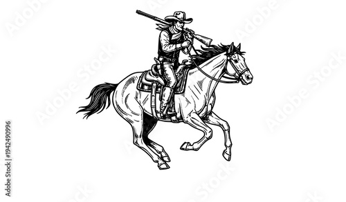Vintage cowboy riding horse with rifle western frontier black and white engraved vector illustration