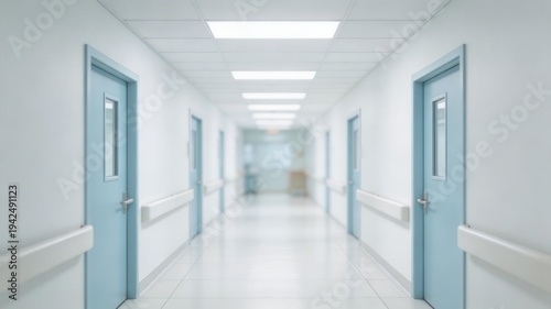 Hospital Corridor: A bright and sterile hospital corridor, featuring a row of closed blue doors, exudes a sense of calm and order, creating a backdrop for the daily routines of care and recovery.
