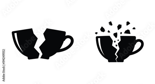 Broken cup icons depict fragility and damage a stark silhouette