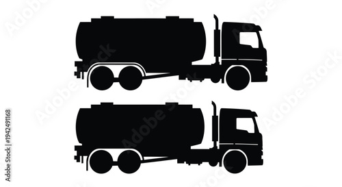 Two black silhouettes of tanker trucks displayed side by side silhouette