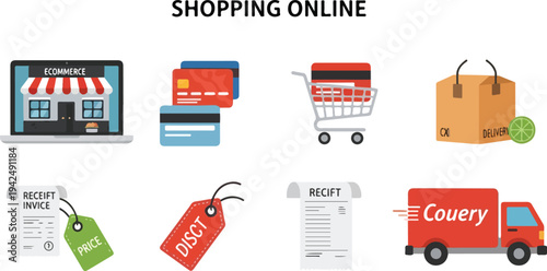 An illustration depicting elements of online shopping