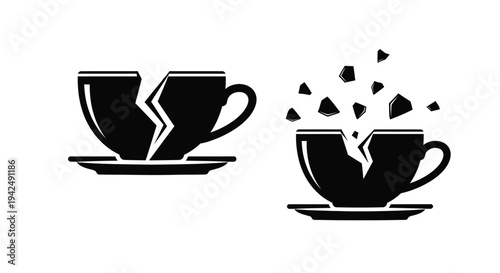 Broken teacups and scattered shards depicted in a striking silhouette