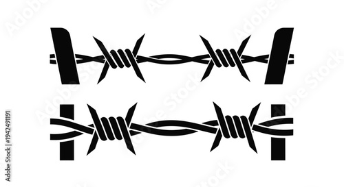 Two rows of black barbed wire fencing against a white background silhouette