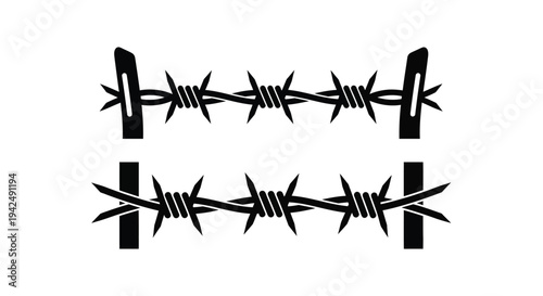 Black barbed wire fence design against a stark white background silhouette
