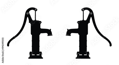 Two vintage water pumps depicted in a stark black silhouette